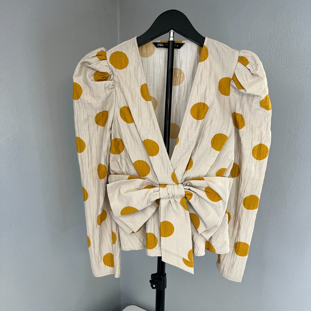 Zara Women's Cream Mustard Yellow Polka Dots Bow Puff Long Sleeve Top Size XS
